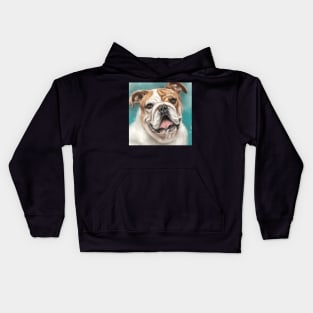 Painting of a White and Brown Bulldog With Its Tongue Out on Blue Background Kids Hoodie